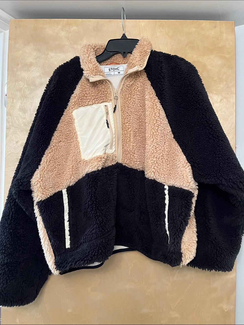 STOIC Plush Sherpa Half Zip Jacket in Light Tan and Black